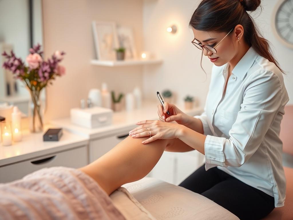A serene beauty salon setting with soft lighting, featuring a skilled esthetician applying wax on a client's leg. The scene conveys a sense of relaxation and professionalism, with calming colors and a tidy workspace, emphasizing the waxing process. The focus is on the esthetician's hands and the wax application, capturing the essence of comfort and care in beauty treatments.