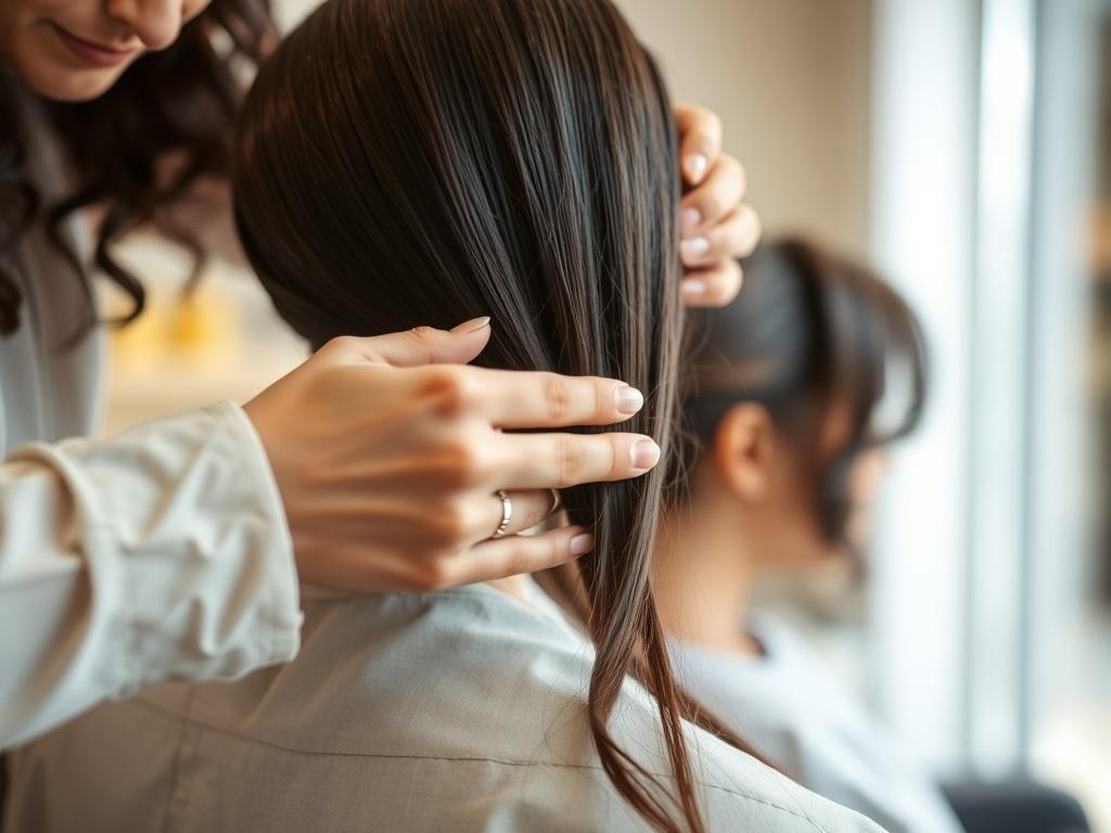 A beauty professional demonstrating weave installation on a client's hair in a bright, well-lit salon environment. The focus is on the stylist's hands skillfully weaving hair extensions into the client's natural hair. Soft tones and gentle lighting create a peaceful atmosphere, showcasing the beauty and elegance of the process.