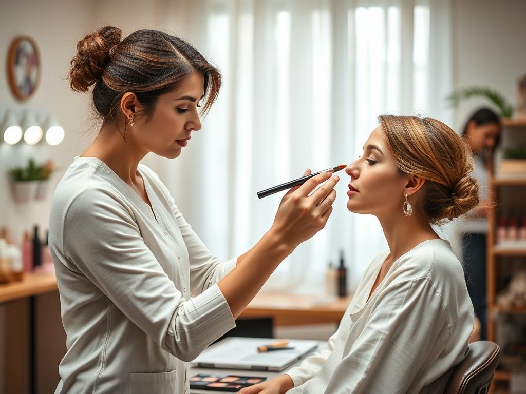 A beauty professional demonstrating makeup application techniques on a model
