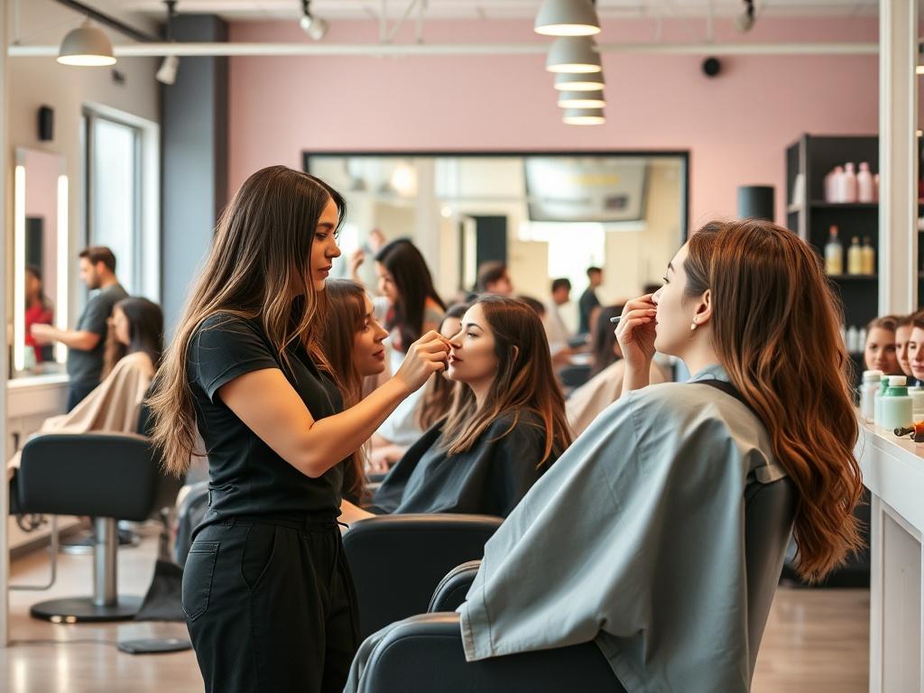 A group of beauty students engaged in hands on training