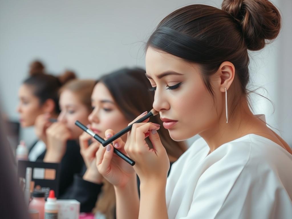 A close-up of students practicing makeup application at Richglam Beauty Academy, showcasing their focus and creativity, with gentle lighting.