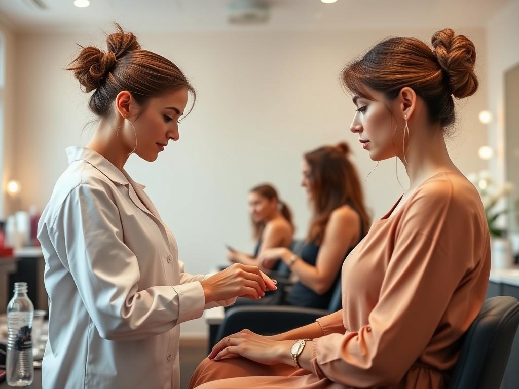 A serene classroom setting at Richglam Beauty Academy with students engaged in hands-on beauty training, soft lighting, and a peaceful atmosphere.