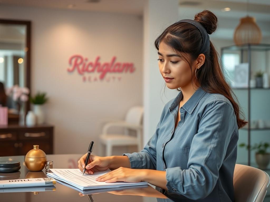 A student filling out an intake form at Richglam Beauty Academy, with a thoughtful expression in a welcoming environment.