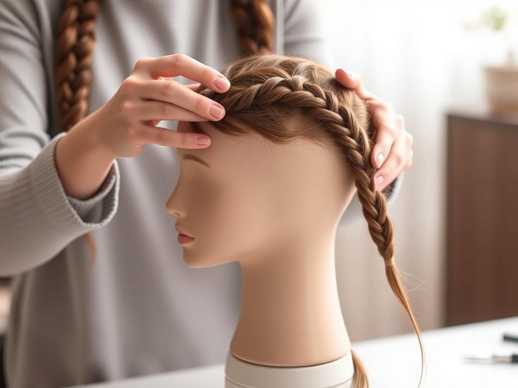 A realistic high-resolution photo of a beauty instructor demonstrating braiding techniques on a mannequin head. The composition should feature the instructor's hands skillfully weaving the hair into a beautiful braid. The background should be softly blurred to create a peaceful atmosphere, with gentle lighting enhancing the focus on the intricate braiding process. Use soft tones to convey a serene learning environment.