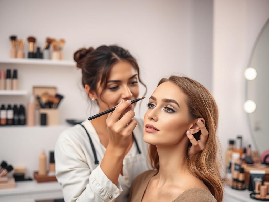 A skilled make-up artist applying make-up to a model in a serene, well-lit beauty studio. The artist is focused, showcasing various make-up tools and products arranged neatly in the background. Soft tones and gentle lighting create a peaceful atmosphere. The model has a natural look, with soft, glowing skin and subtle eye makeup. The composition is simple, emphasizing the artistry and technique involved in the make-up application.