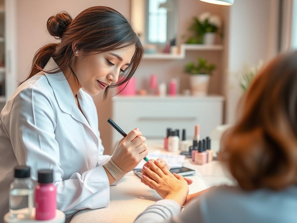 A realistic high-resolution photo of a professional nail technician demonstrating their skills. The technician is applying nail polish to a client's nails in a well-lit, clean salon environment. The focus is on the technician's hands and the vibrant colors of the nail polish. The background should be soft and inviting, showcasing nail care tools and a comfortable workspace, creating a peaceful atmosphere.