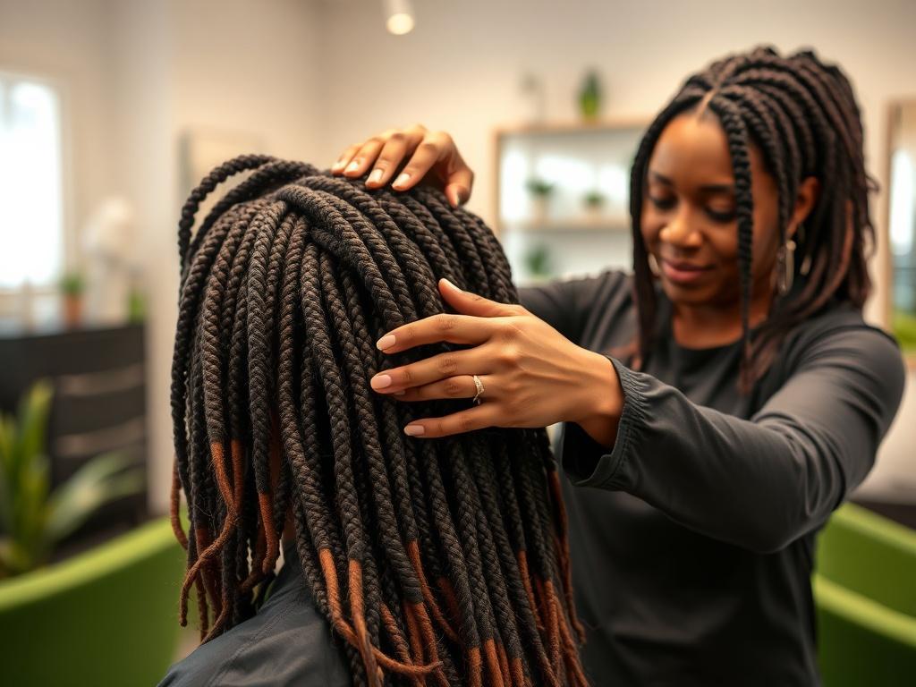 A beauty professional demonstrating dreadlocks creation on a client's hair in a serene salon environment. The scene should have soft, natural lighting, highlighting the intricate process of twisting and rolling hair into dreadlocks. The background should be a peaceful, clean salon space with green accents, creating a calming atmosphere. The focus should be on the beauty professional's skilled hands and the client's hair, showcasing the beauty and artistry involved in dreadlocks training.