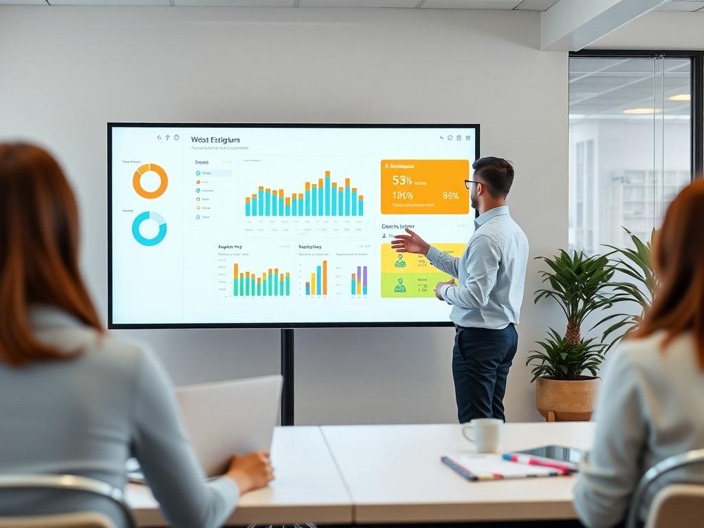 A high resolution image of a business intelligence analyst presenting