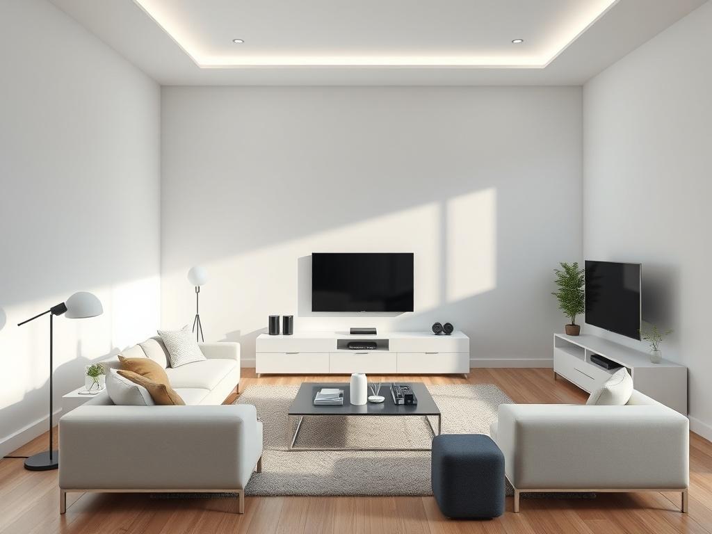 A sleek, modern living room with various smart devices interconnected,