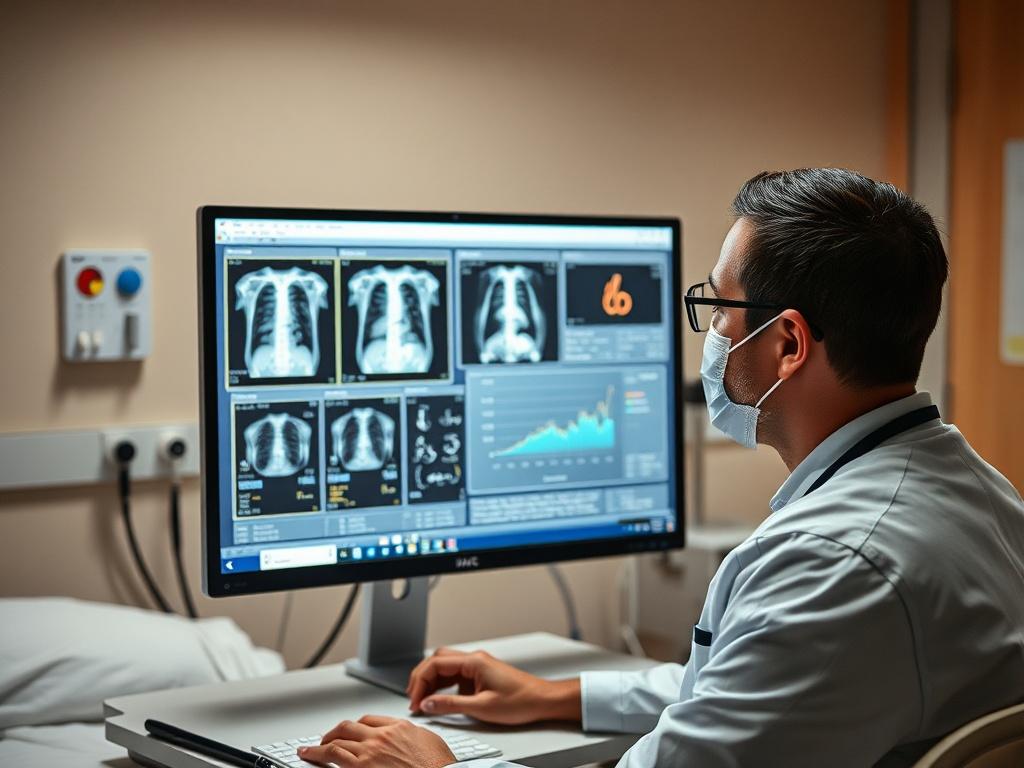 A high resolution image of a medical professional analyzing pneumonia