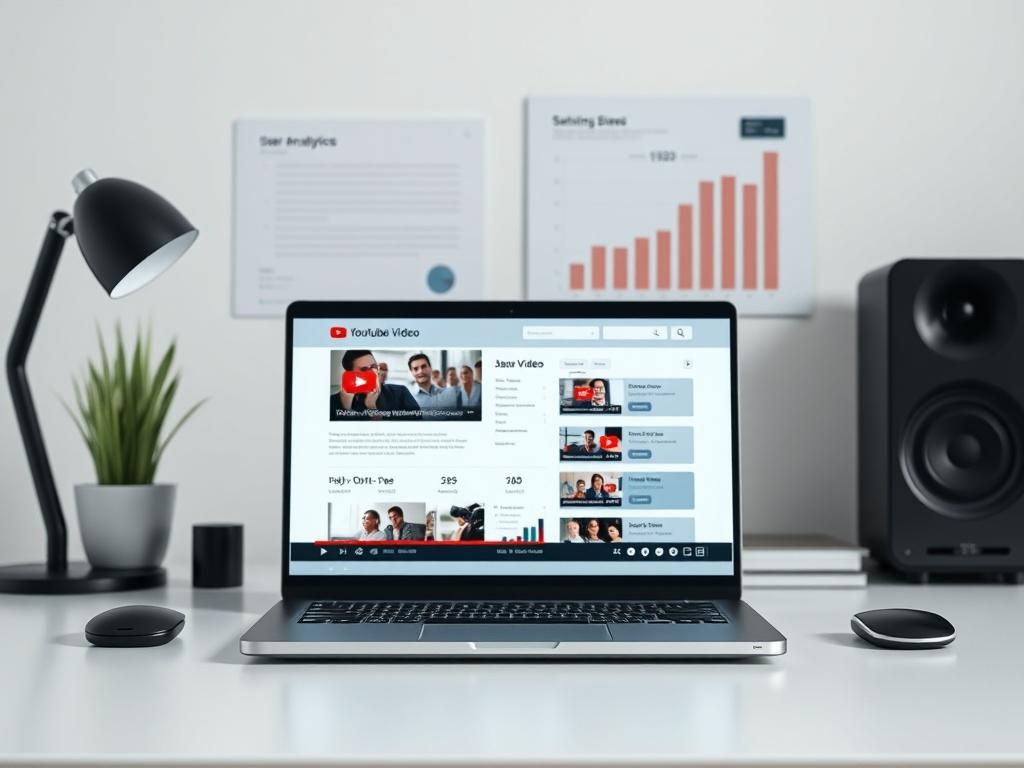 A clean, modern workspace featuring a laptop screen displaying a