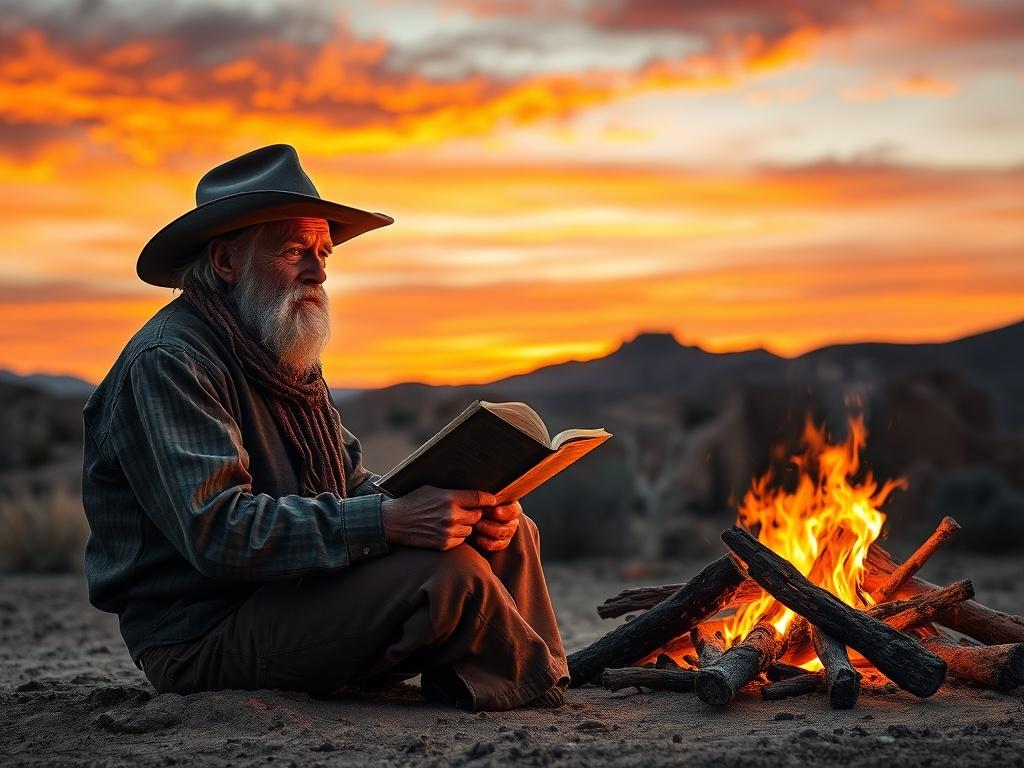 A realistic high resolution of an old, rugged cowboy sitting