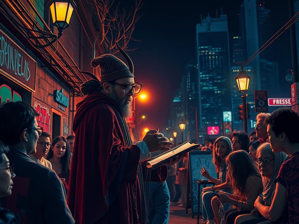A vibrant urban scene depicting a mystical storyteller sharing urban