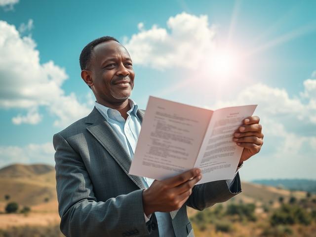 **Image Generation Prompt:**

Create a realistic high-resolution photo that embodies the essence of a comprehensive guide on purchasing land in Abuja. The main subject of the image should be a confident, middle-aged Nigerian man holding a property deed and inspecting a plot of land. He should be dressed in professional attire, wearing a tailored suit with a crisp shirt, conveying a sense of authority and trustworthiness.

The background should depict a vast, open piece of land in Abuja, showcasing its natur