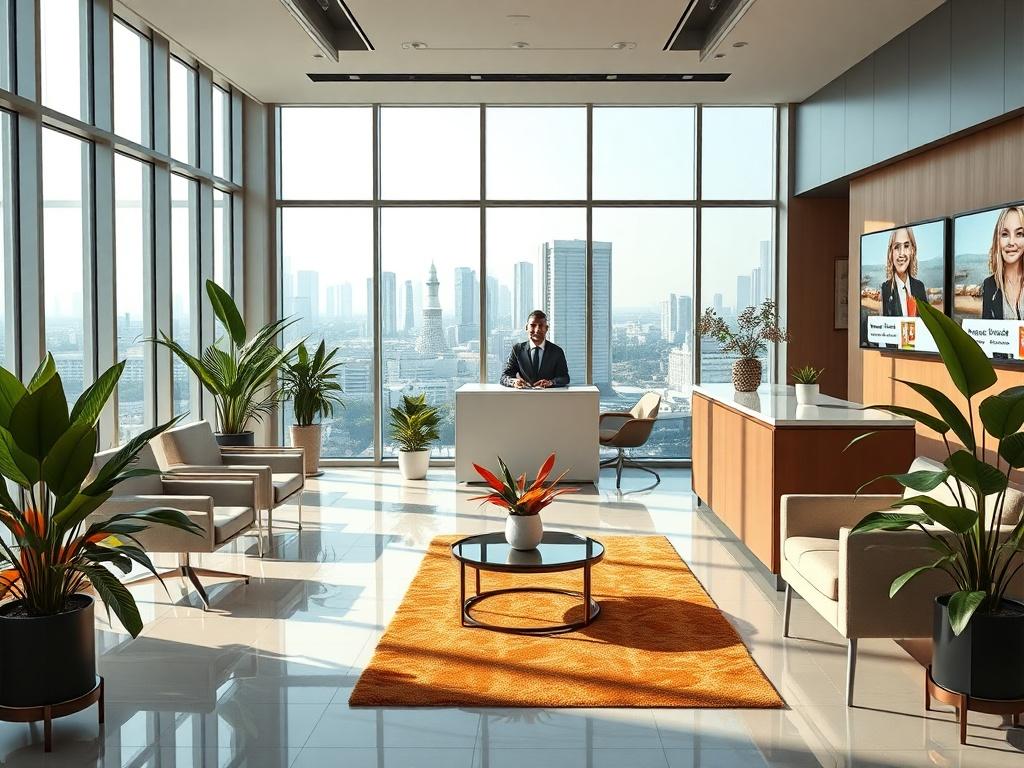 A modern, sleek property office environment showcasing a welcoming reception area with a friendly agent ready to assist clients. The setting includes contemporary furniture, vibrant plants, and digital screens displaying featured properties. The lighting is bright and inviting, emphasizing a professional yet approachable atmosphere. The background should feature large windows with a view of Abuja's skyline, capturing the essence of urban property investment.