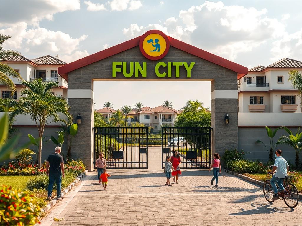 A stunning image of the Cherished Fun City Kuje, highlighting the gated entrance surrounded by lush landscaping. The foreground features families enjoying the recreational spaces, while the background showcases modern homes. The atmosphere is welcoming and lively, reflecting the community spirit of this unique development.