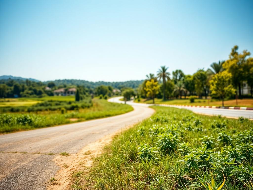 A hyper-realistic image of a beautifully landscaped plot in the Cherished Land New World estate. The foreground features a clear view of the plot with lush greenery and a well-maintained road in the background. The sky is bright and sunny, enhancing the vibrant colors of the landscape. The composition is inviting, showcasing the potential for development and investment in a serene environment.