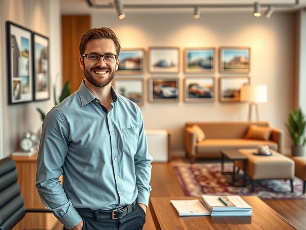 A professional real estate office environment, showcasing a well-designed space with modern decor. The main subject is a friendly, approachable real estate agent standing confidently at a desk with property brochures. The background features a wall with framed property images and an inviting seating area. The lighting is warm, creating a welcoming atmosphere.