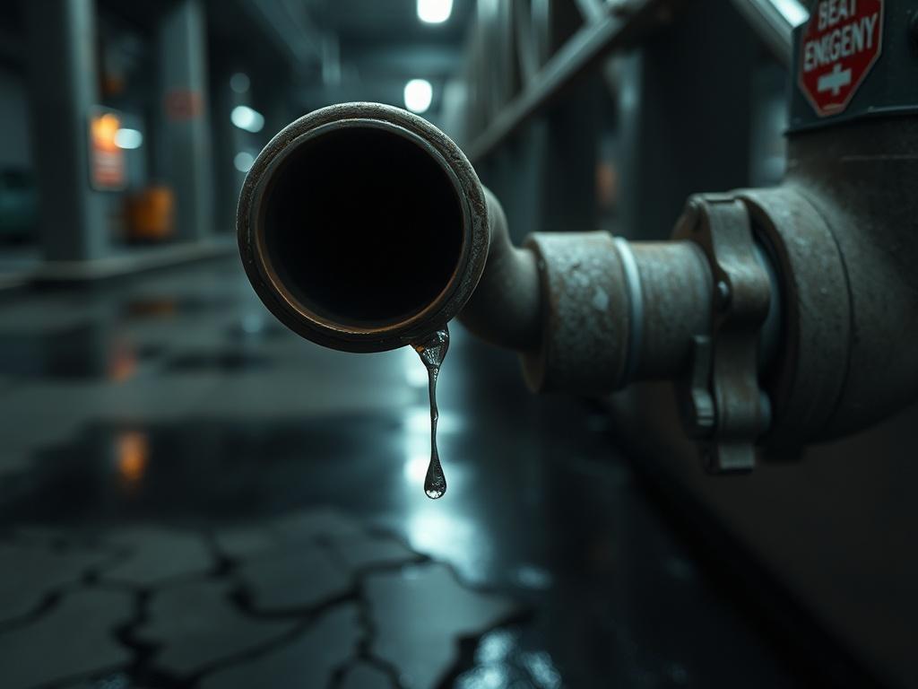 **AI Image Generation Prompt:**

Create a realistic high-resolution photo featuring a single subject—a close-up of a water pipe with a small, unseen leak dripping water. The composition should be simple and clear, focusing solely on the pipe and the droplets of water escaping, illustrating the concept of a silent yet critical leak. The pipe should exhibit signs of wear and slight corrosion, emphasizing neglect yet conveying a sense of urgency and importance.

For the background, include a dimly lit industri