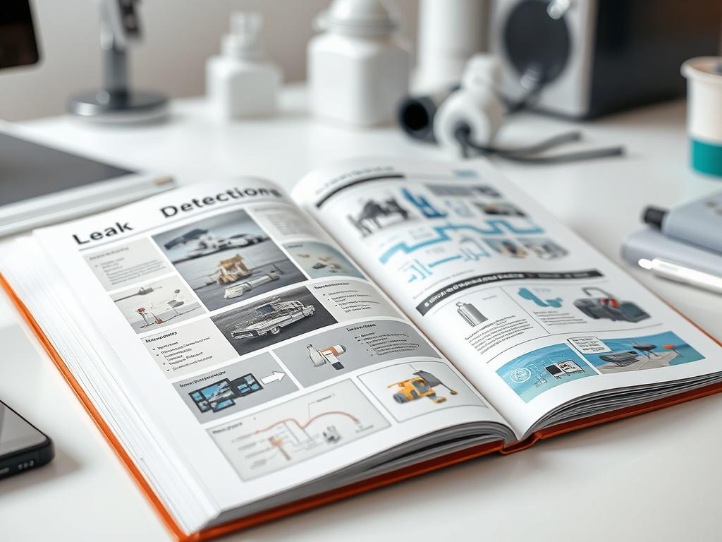 A hyper-realistic close-up of an open guidebook on leak detection technology, showcasing diagrams and images of various equipment used in municipal water management, set against a clean, modern workspace.