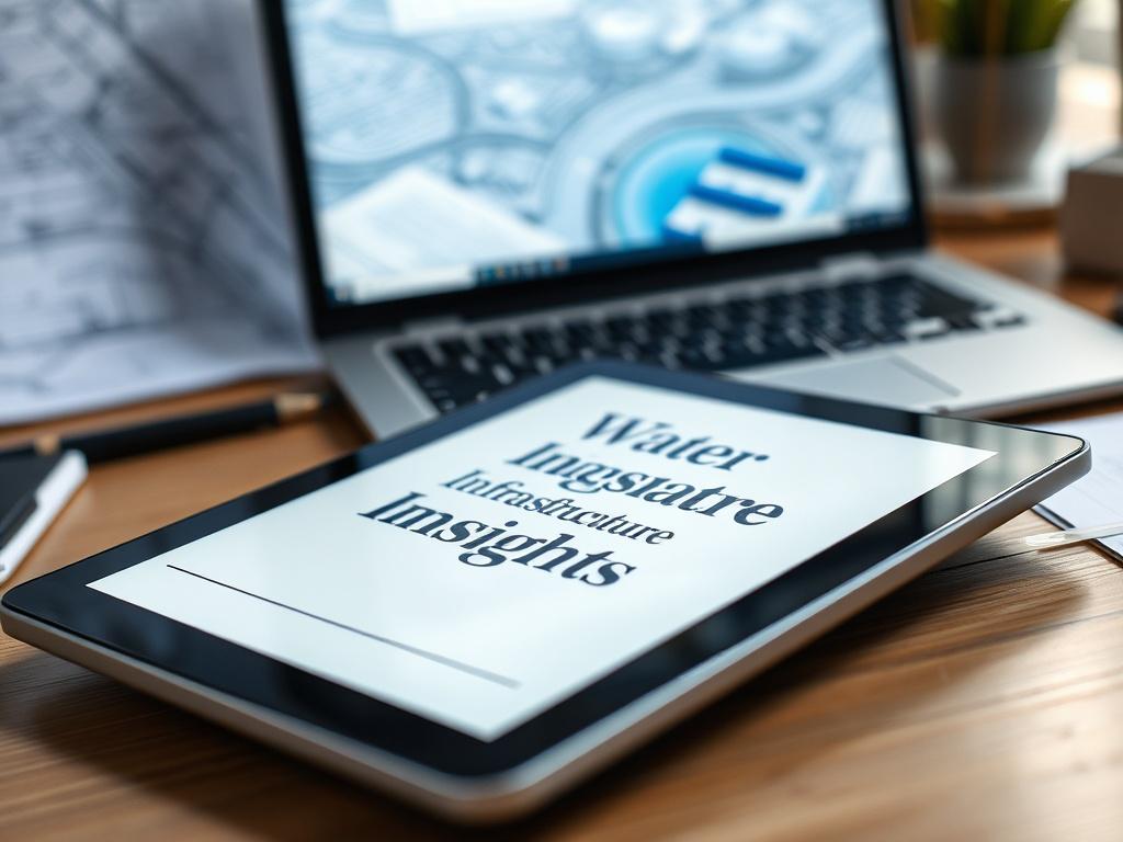 A close-up shot of an open eBook featuring the title 'Water Infrastructure Insights' on a tablet resting on a work desk. The background shows a blurred view of water infrastructure plans and a laptop, creating a professional atmosphere.