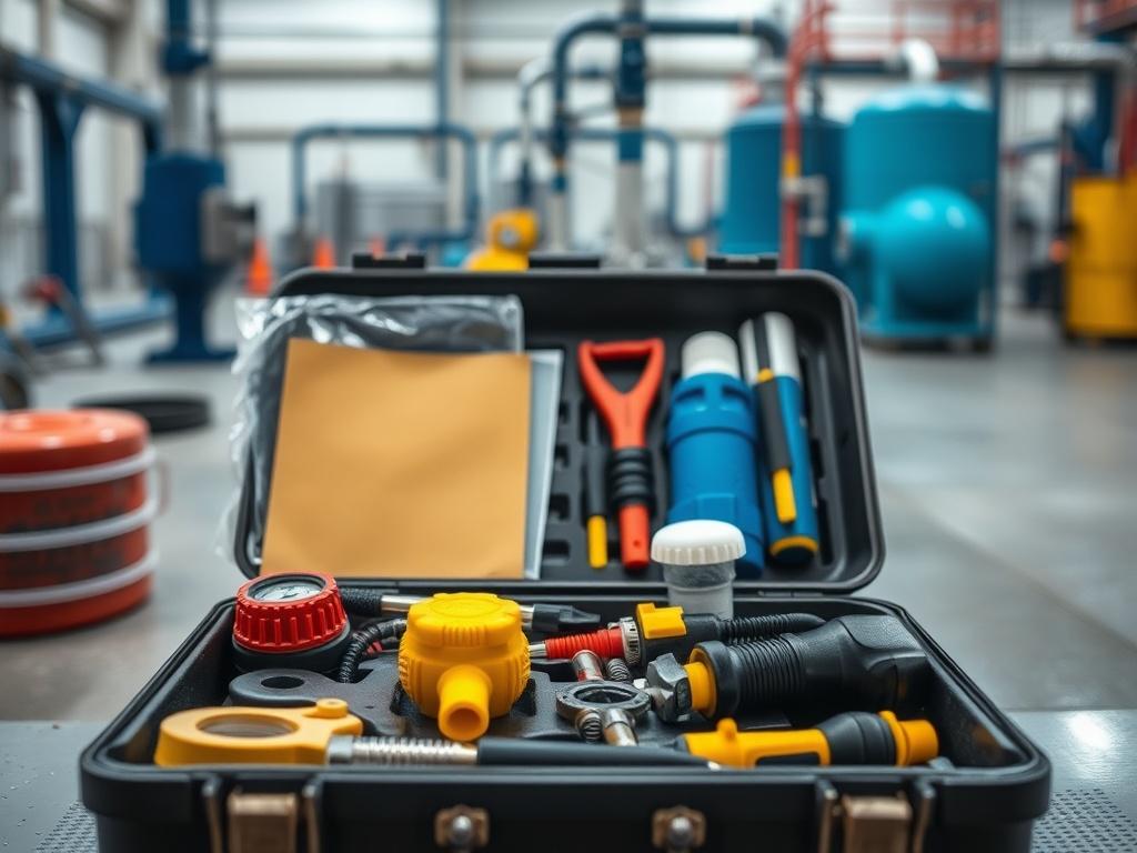 A close-up shot of an organized toolkit with various leak detection tools and materials, set against a backdrop of a water treatment facility. The focus is on the tools, showcasing their importance in proactive water management.