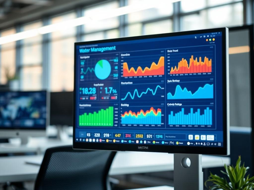 A close-up shot of a computer screen displaying colorful data visualizations related to water management, with graphs and charts. The background is a modern office setting, emphasizing technology and analytics.