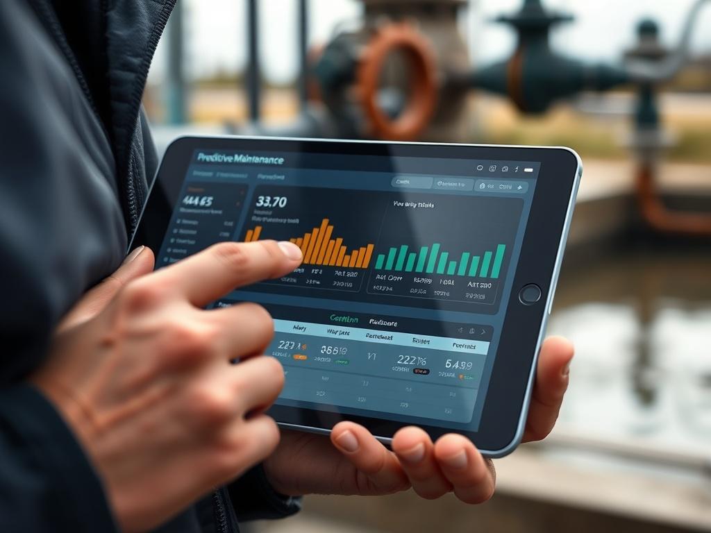 An engaging close-up of a user interacting with a predictive maintenance dashboard on a tablet. The screen displays alerts and maintenance schedules for water infrastructure. The setting is an outdoor environment near waterworks, with the tablet held in one hand and the other hand gesturing at the screen. The background is softly blurred, emphasizing the tablet's interface, shot with a 45mm f/1.2 lens.