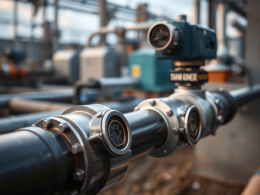 A close-up shot of advanced leak detection sensors installed on a water pipeline. The sensors are sleek and modern, showcasing their technology and design. The background features a blurred image of a municipal water utility facility, emphasizing the infrastructure. The lighting highlights the metallic finish of the sensors, with a focus on their intricate details, shot with a 45mm f/1.2 lens.