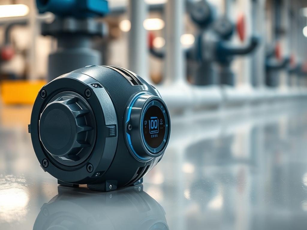 Create a hyper-realistic, high-resolution close-up image of a state-of-the-art leak detection sensor device. The device should be sleek and modern, showcasing cutting-edge technology with metallic and digital elements, such as LED lights or an interface display. The sensor should be positioned on a clean, reflective surface, emphasizing its sophistication and functionality. In the background, provide a blurred view of a municipal water infrastructure setting, such as pipes or valves, to convey context witho