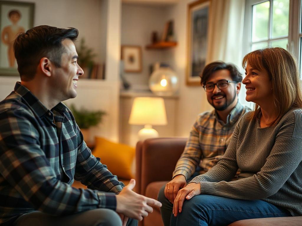 A friendly property manager interacting with tenants, smiling and discussing their needs. The setting is a cozy living room, emphasizing a warm and inviting atmosphere. The tenants appear relaxed and engaged, showcasing the positive rapport and communication skills of the property manager.
