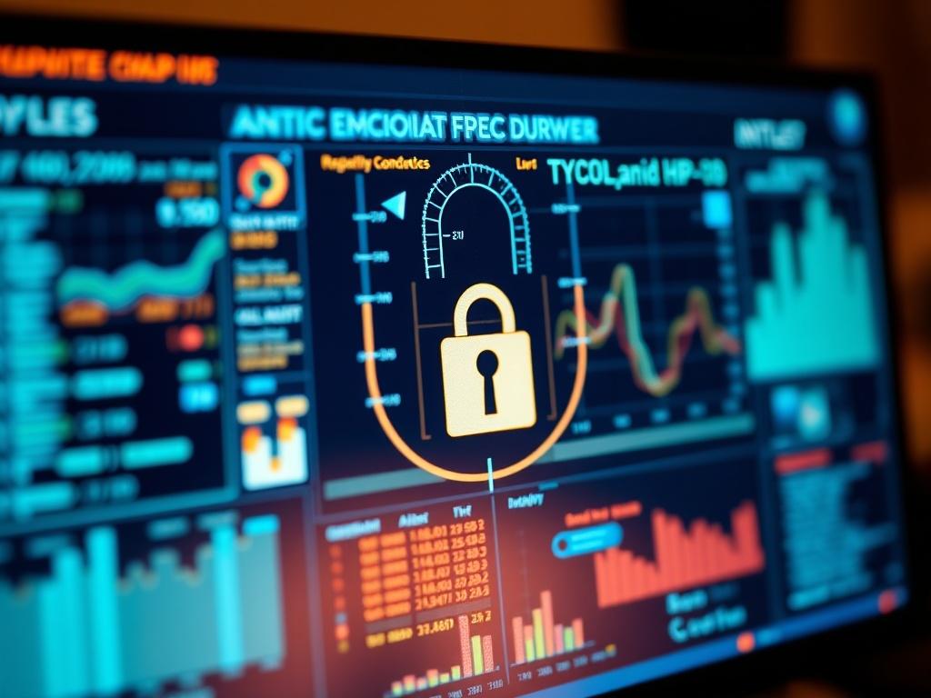 A hyper-realistic close-up shot of a computer screen displaying intricate cybersecurity analytics, with a focused view on a padlock symbol representing security. The background should be slightly blurred to emphasize the screen, with warm lighting to create an inviting atmosphere, shot with a 45mm f/1.2 lens.