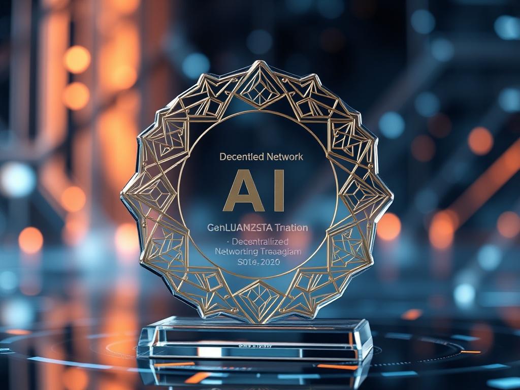 A close-up high-resolution image of an award illustrating innovation in AI solutions. The award features intricate designs representing decentralized networks and quantum technology, displayed with a futuristic background that emphasizes technological advancement.