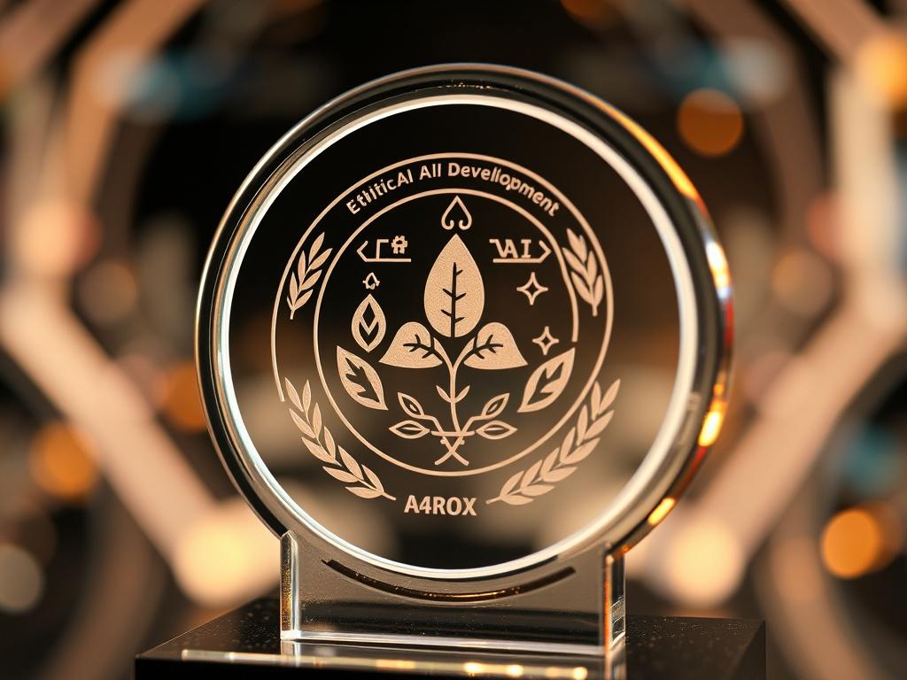 A high-resolution close-up of an award showcasing a stylized emblem representing ethical AI development. The design incorporates elements that signify sustainability and collective intelligence, set against a soft-focus tech-inspired background.