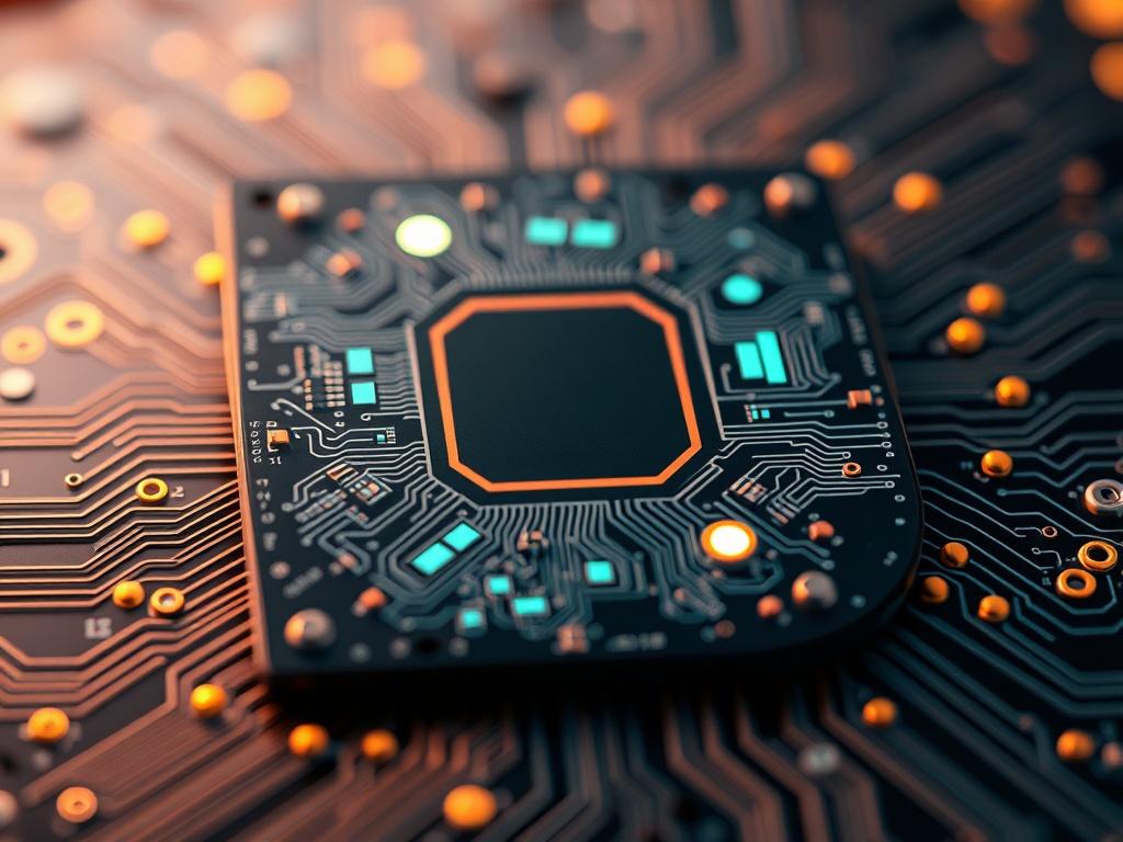 A hyper-realistic close-up shot of a Quantum AI chip, showcasing intricate circuit designs and glowing elements. The background should be softly blurred, emphasizing the chip's details. The image should be rendered in high-resolution, using a 45mm f/1.2 lens style with warm lighting that highlights the chip's advanced technology.