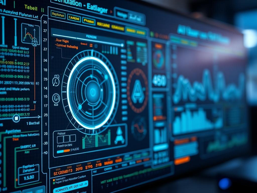 A hyper-realistic close-up shot of a futuristic computer interface displaying complex algorithms and data visualizations related to AI decision-making. The background is softly blurred to emphasize the intricate details of the interface, showcasing a blend of technology and innovation, shot with a 45mm f/1.2 lens.