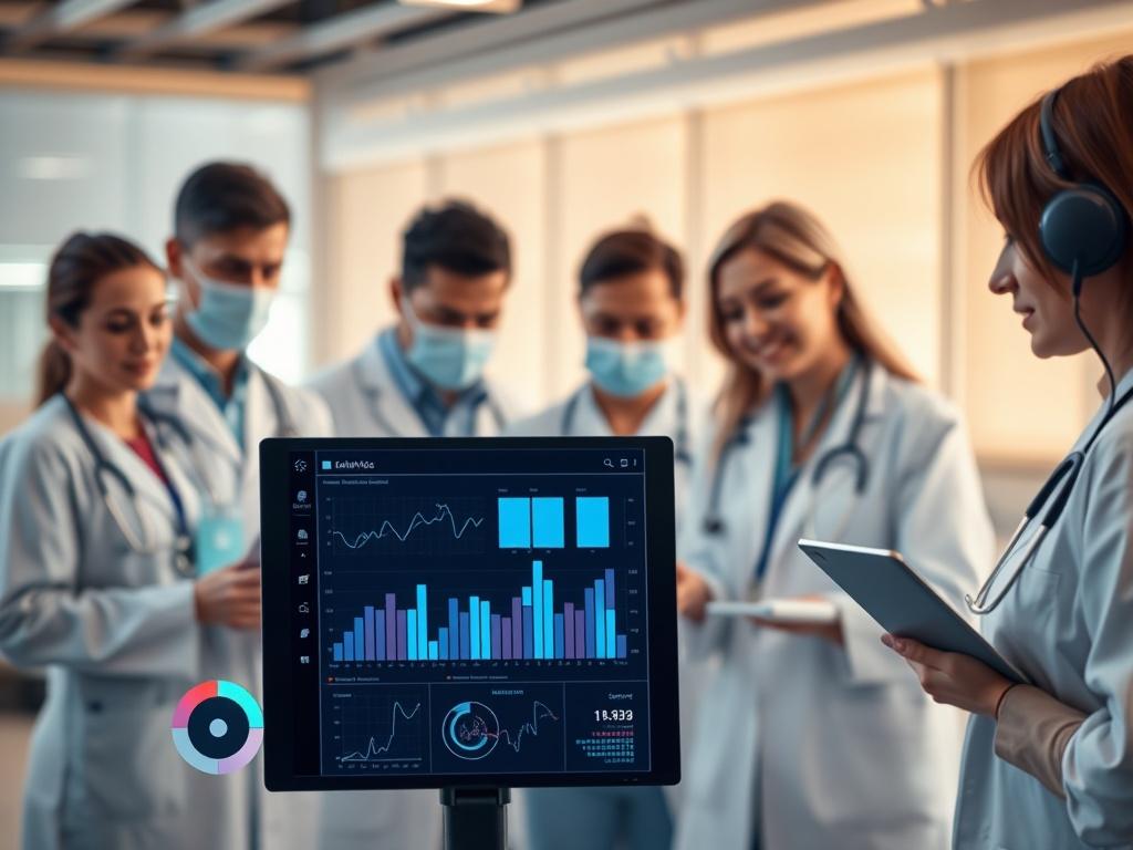 A hyper-realistic close-up shot of a digital healthcare interface showing analytics and data visualization, with diverse healthcare professionals collaborating in the background. The image captures the essence of advanced AI technology in healthcare settings, conveying a sense of innovation and teamwork. Use a 45mm f/1.2 lens style for a sharp focus on the interface, with a warm color palette compatible with rgb(193, 153, 87).