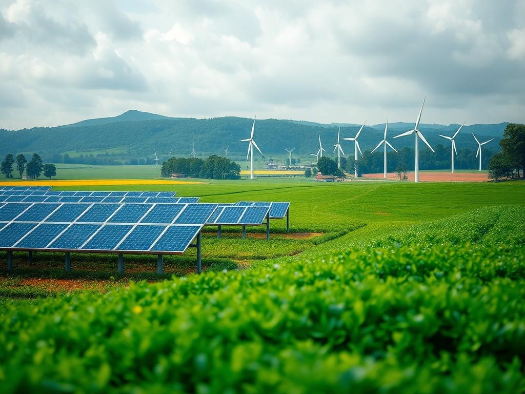 A close-up shot of a green landscape with technology elements, such as solar panels and wind turbines, integrated with AI visualizations. The scene should convey harmony between nature and advanced technology, symbolizing sustainability and ethical practices.