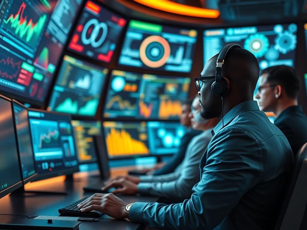 A close-up shot of a futuristic control room with multiple screens displaying data analytics and AI visualizations. The scene should have a sleek, modern design with warm lighting, highlighting the technology and collaboration among diverse professionals engaged in decision-making processes.