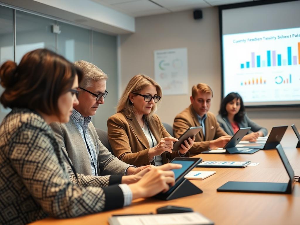 Local government officials in a meeting room, analyzing community feedback on tablets, with charts projected in the background. The scene conveys a sense of community engagement and technological advancement. Captured in a high-resolution close-up, emphasizing teamwork and innovation.