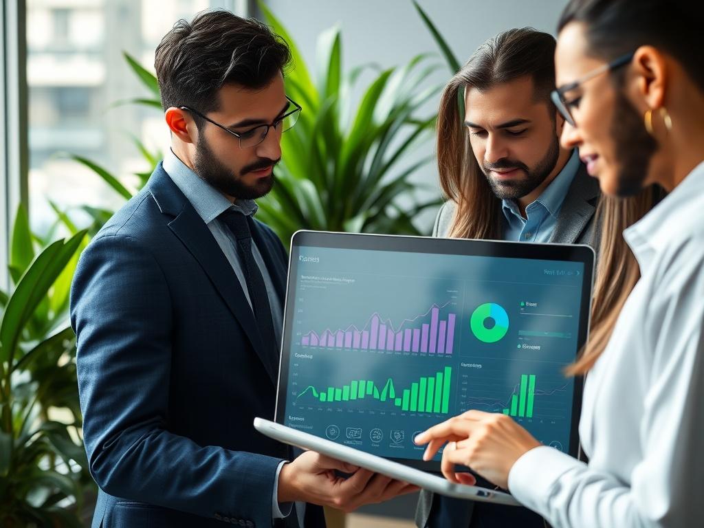 A corporate sustainability team reviewing a digital dashboard displaying sustainability metrics, with green plants in the background. The atmosphere is professional and focused, highlighting the team's engagement in environmental goals. The composition showcases collaboration and technology in a high-resolution close-up.
