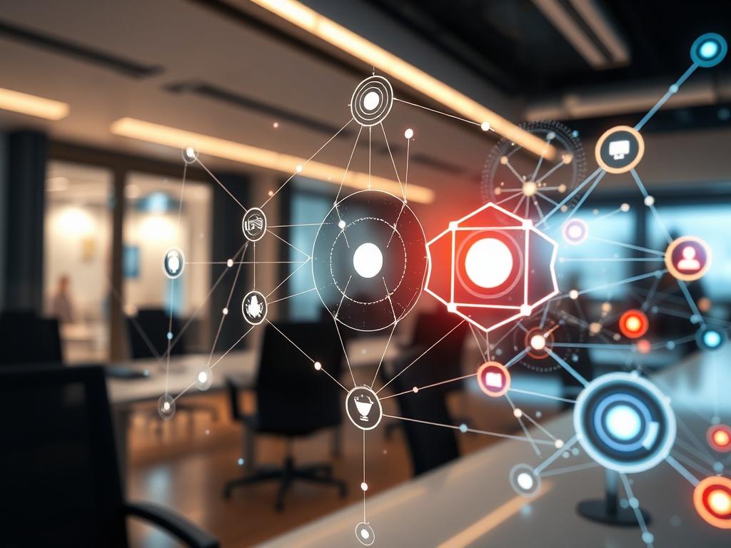 A close-up shot of a futuristic digital interface showcasing a decentralized decision-making engine with interconnected nodes and quantum symbols. The background should be a sleek, modern office space, illuminated with soft, ambient lighting. The focus should be on the intricate details of the digital interface, capturing the essence of advanced technology and collaboration.