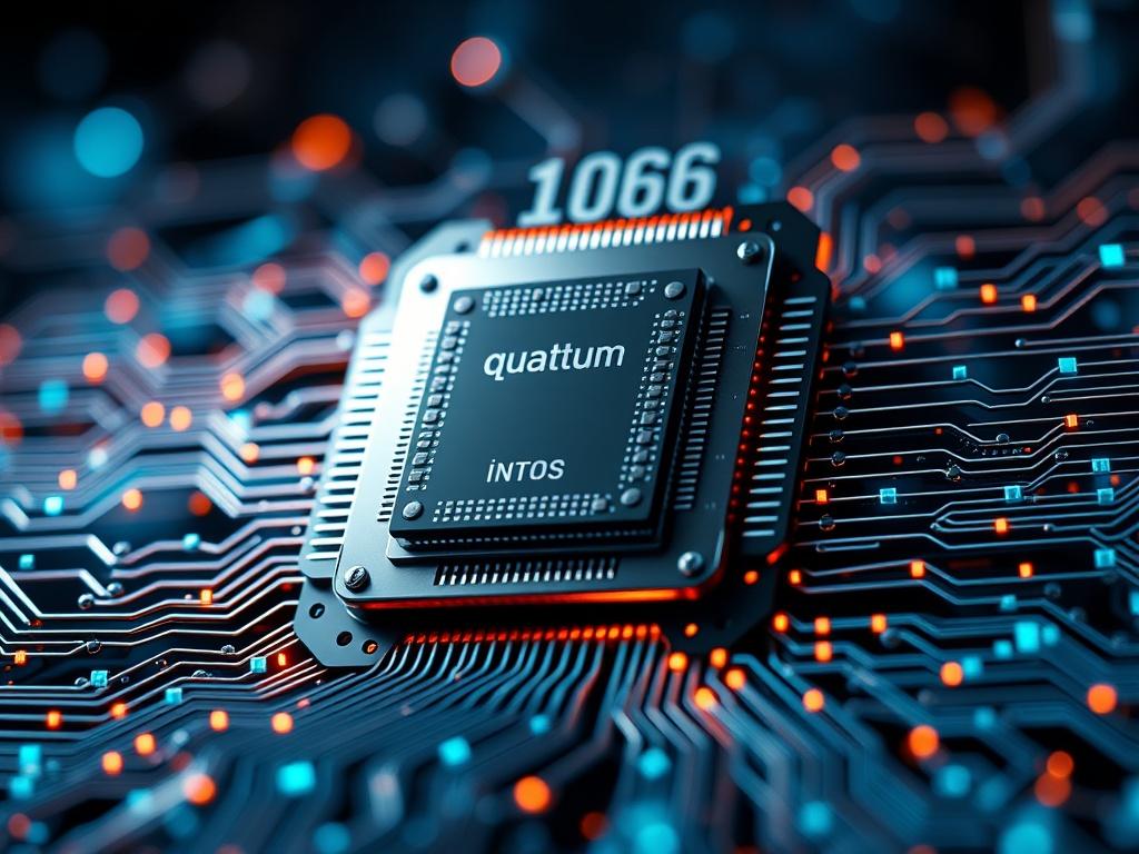 A hyper-realistic close-up of a quantum computing processor surrounded by digital data streams representing collective intelligence. The background should feature abstract representations of complex data and algorithms, emphasizing the advanced technology at work. The lighting should highlight the processor, creating a captivating and futuristic atmosphere.
