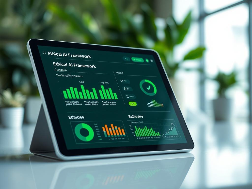 A close-up shot of a digital ethical AI framework interface displayed on a sleek tablet, showcasing sustainability metrics and ethical guidelines. The background should feature a green, eco-friendly office environment, symbolizing the commitment to ethical practices. The composition should convey a sense of responsibility and innovation in technology.