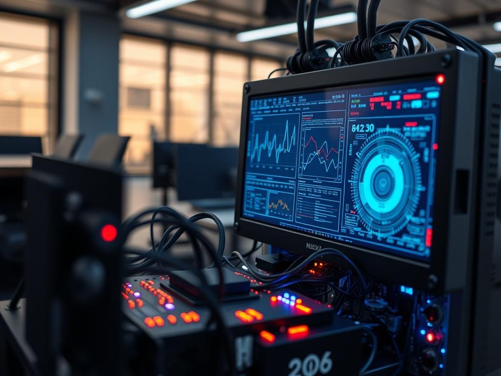 A close-up shot of a quantum computer setup with glowing circuits, displaying complex data visualizations on a screen, in a modern tech office background, rendered in hyper-realistic detail.