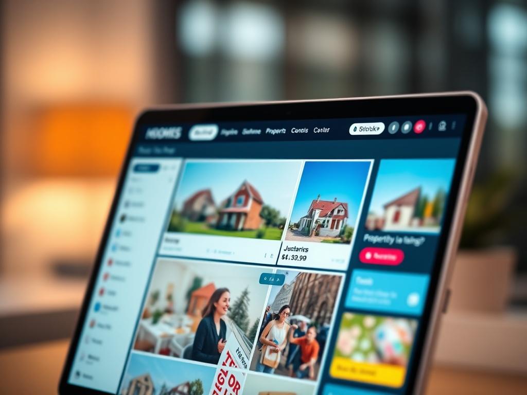 A hyper-realistic close-up shot of a modern digital interface displaying the HOOMIES platform, featuring vibrant visuals of property listings and user engagement tools. The background is blurred, focusing solely on the platform's sleek design elements, with a color scheme matching rgb(193, 153, 87). Shot with a 45mm f/1.2 lens.