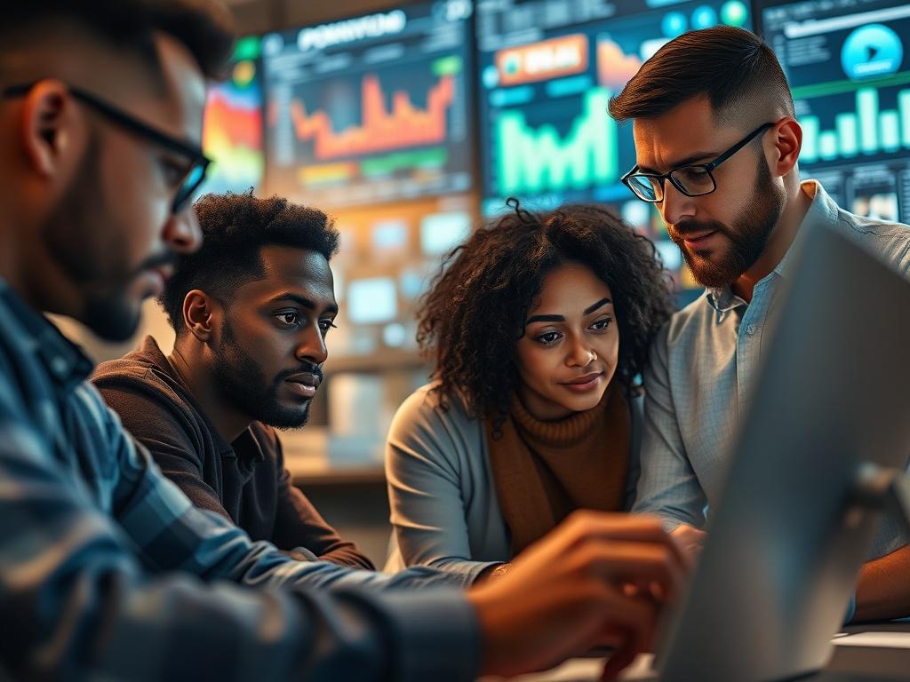 A hyper-realistic close-up shot of a diverse team collaborating on digital media content, with AI technology evident in the background. The scene captures intense focus and creativity, showcasing a modern workspace filled with screens displaying data analytics and media visuals. The lighting is warm and inviting, reflecting an innovative atmosphere. The primary color scheme of rgb(193, 153, 87) subtly integrated into the environment.