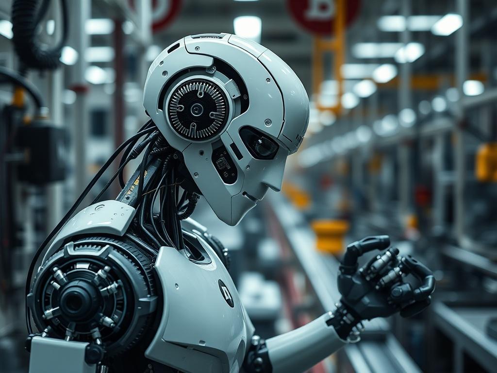A hyper-realistic close-up shot of an advanced industrial robot equipped with Quantum AI technology. The robot is actively engaged in a manufacturing environment, surrounded by machinery and assembly lines. The lighting is focused on the robot, showcasing its intricate design and high-tech features, with a blurred background that emphasizes the industrial setting. The color palette should harmonize with the rgb(193, 153, 87) primary color, creating a cohesive and visually appealing image.