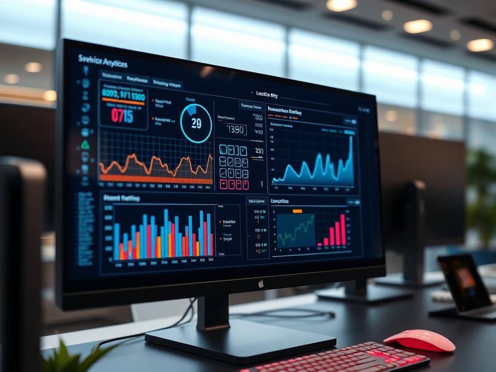A hyper-realistic close-up shot of a high-tech computer screen displaying complex cybersecurity analytics and graphs. The screen should show visual representations of behavior-based detection algorithms and anomaly highlights. The background should be a sleek, modern office setting with soft lighting, emphasizing a tech-forward environment. The colors should complement RGB(50, 170, 39) for a vibrant look.