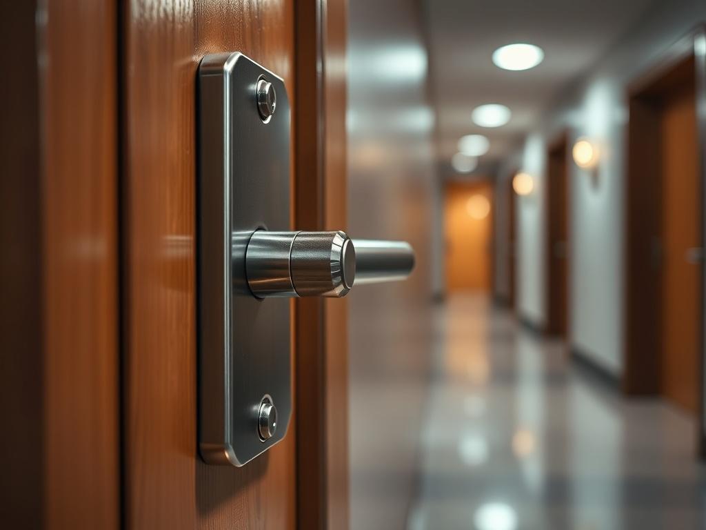 A hyper-realistic close-up shot of a fire door, showcasing its robust construction and intricate details. The focus is on the door handle and locking mechanism, demonstrating quality and reliability. The background is softly blurred to emphasize the door, with a subtle hint of a well-lit corridor, creating a sense of safety and security. The image is to be captured using a 45mm f/1.2 lens style, with a color palette that complements the primary color rgb(12, 186, 225).